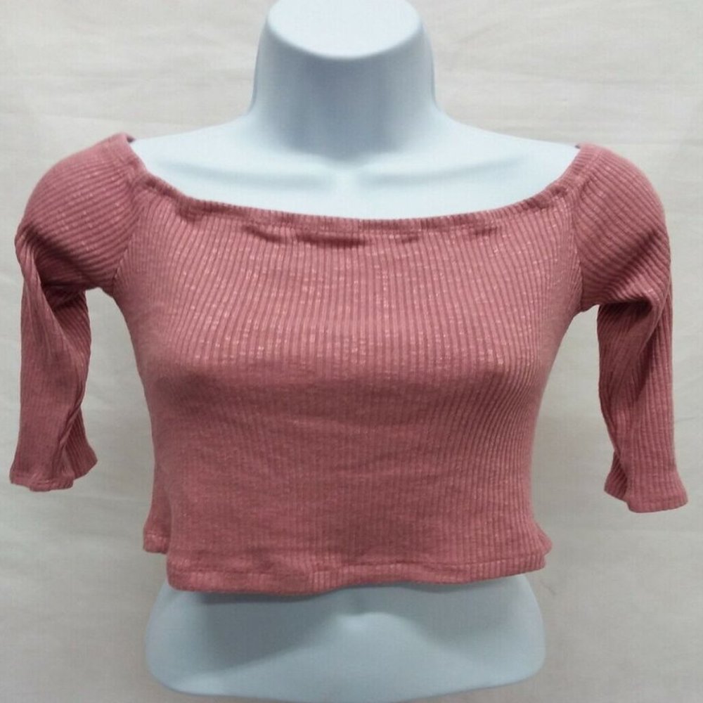 Women's Large Better Be 3/4 Off-The-Shoulder Sleeve Pink Ribbed Cropped T-Shirt